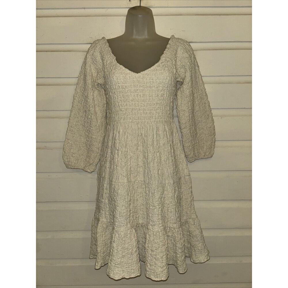 saltwater LUXE Cream Textured Puff-Sleeve Smocked Dress